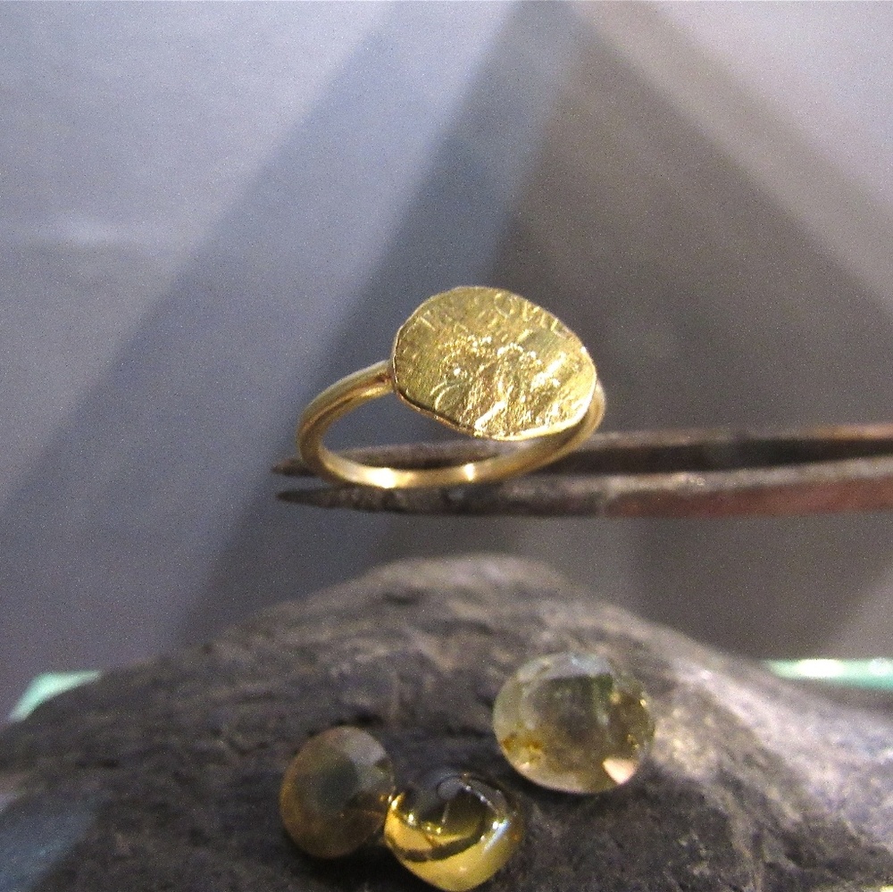Signet ring - American dime coin stamping, Hammered Gold unique ring.